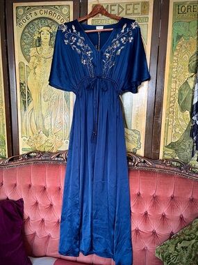 World Market Navy Blue Embroidered Caftan Maxi Dress Size S/M
